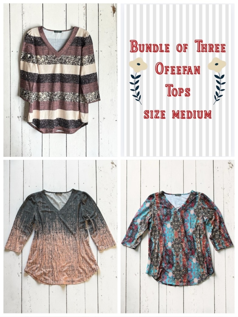 Ofeefan Blouse Bundle Boho Teal Paisley Neutral Striped Tops Size Medium